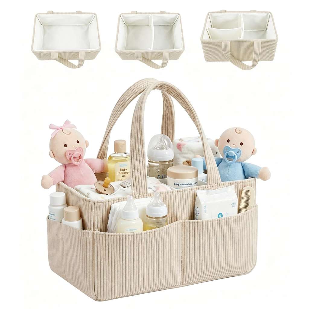 Baby Diaper Caddy Organizer Basket with Soft Corduroy Fabric