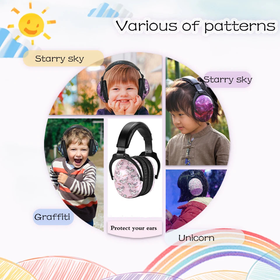 Children wearing colorful headphones with different patterns and a brand name on a light blue background.