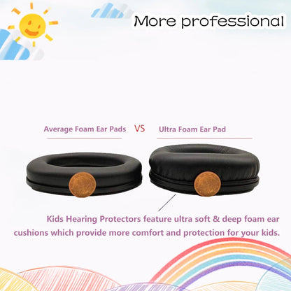 kids hearing protectors with comparison to average foam ear pads on a light blue background.