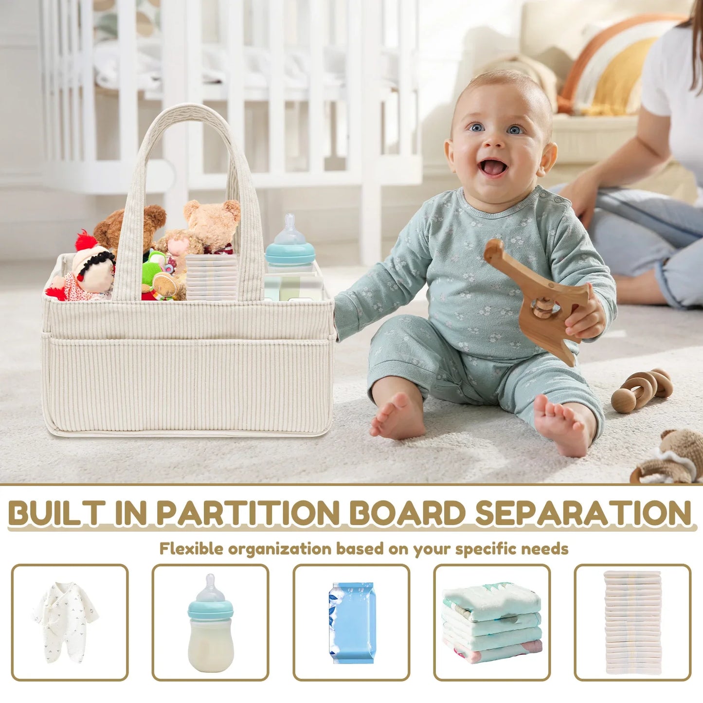 Baby Diaper Caddy Organizer Basket with Soft Corduroy Fabric