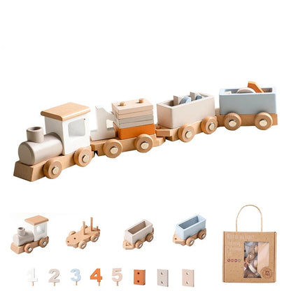 Wooden toy train set with various carriages and accessories on a white background